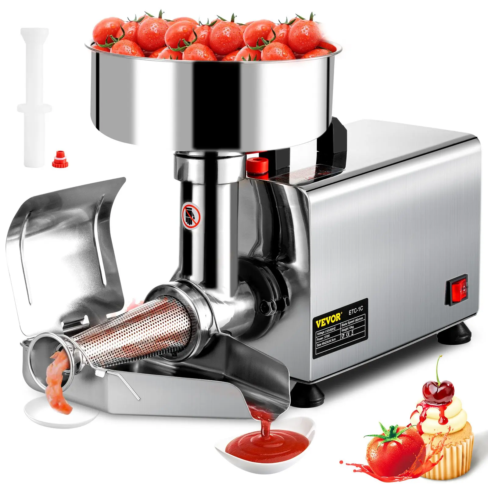 【DealsForYouDays】VEVOR 110V Electric Tomato Strainer 370W Commercial Grade Tomato Milling Machine Stainless Steel Tomato Press and Strainer 90-160 Kg/H Pure Copper Motor Food Strainer and Sauce Maker