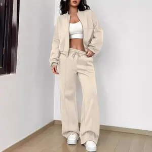 Matching Sets Women Casual Tracksuit Two Pieces Set Loose O Neck Long Sleeves Zipper Cardigan Drawstring Wide Leg Pants Jogger