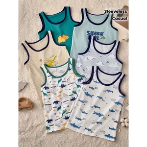 6 Pack Boys Cotton Round Neck Letter Print Cute Dinosaur Shark Cartoon Design Tank Tops Sleeveless Casual Knit Stretchy Vests for 3-12 Years Old Boys Elementary Middle School Students Teens All Seasons Daily Casual Outdoor Running