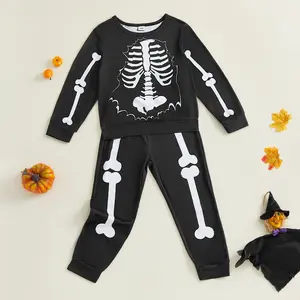 Little Boy Halloween Outfit, Skeleton Print Long Sleeve Sweatshirt Elastic Waist Pants 2 Piece Set for Fall Winter