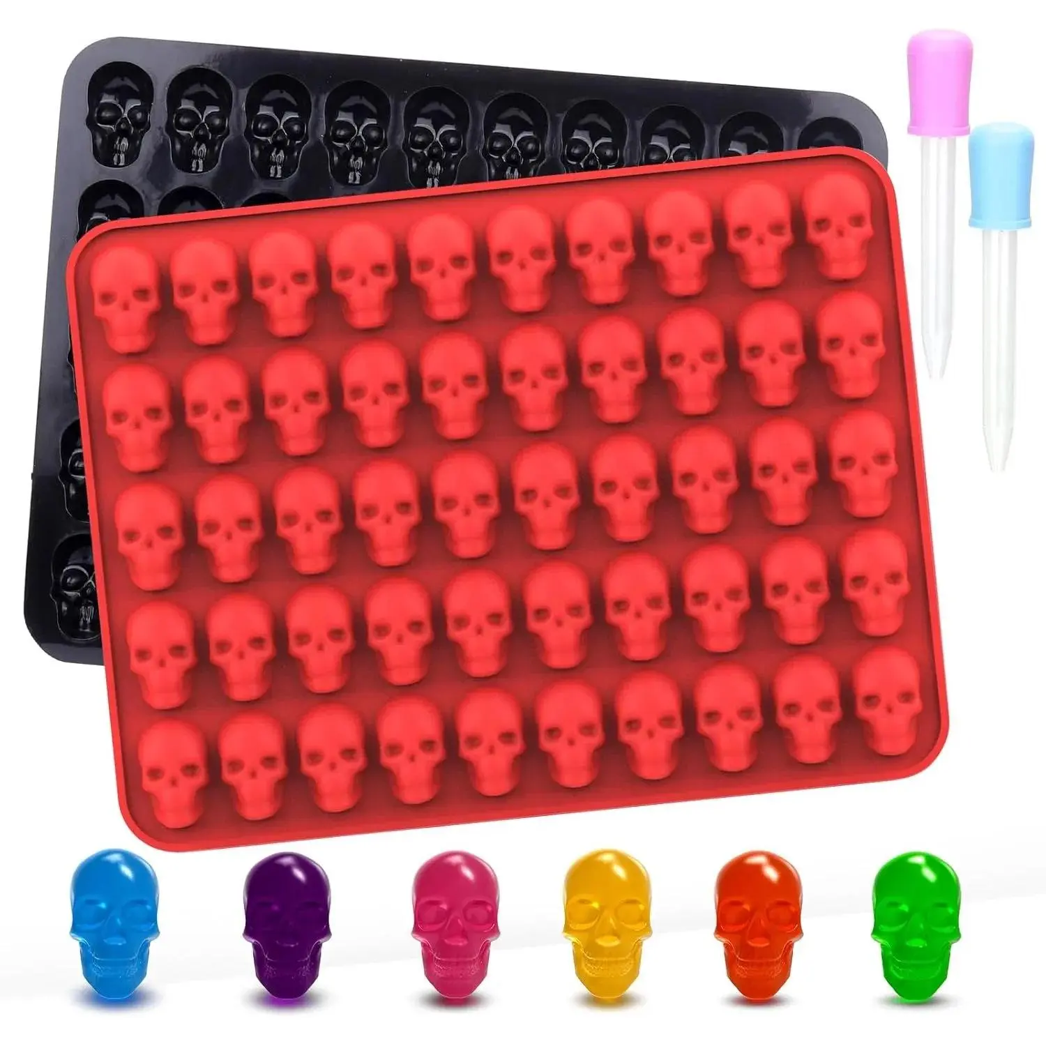 2-Pack Food-Grade Non-Stick Non-Toxic Kitchen Skull Silicone Baking Molds, 50-Cavity 6.16inch*6.26inch*0.47inch with 3.5ml Droppers, Easy Release for Healthy Snacks, Halloween, Birthday Candy Making, Detail Shape