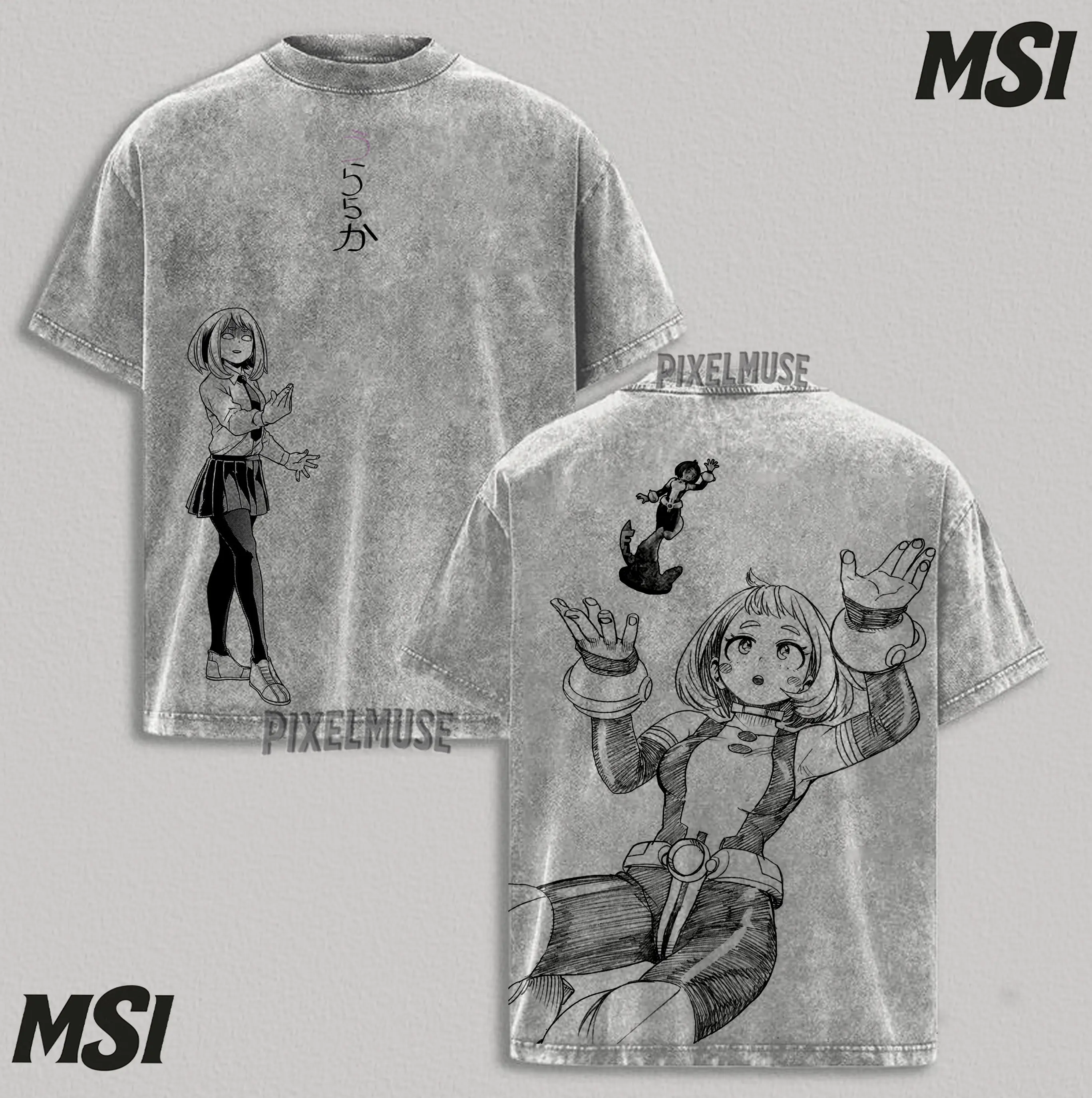Uraraka Ochako MHA T-Shirt | Zero Gravity Hero Acid Washed Oversized Tee, Retro Manga Sketch Bootleg Style, Heavyweight Gray Anime Fandom Apparel.