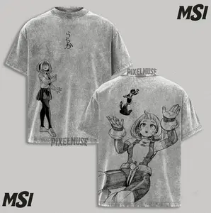Uraraka Ochako MHA T-Shirt | Zero Gravity Hero Acid Washed Oversized Tee, Retro Manga Sketch Bootleg Style, Heavyweight Gray Anime Fandom Apparel.