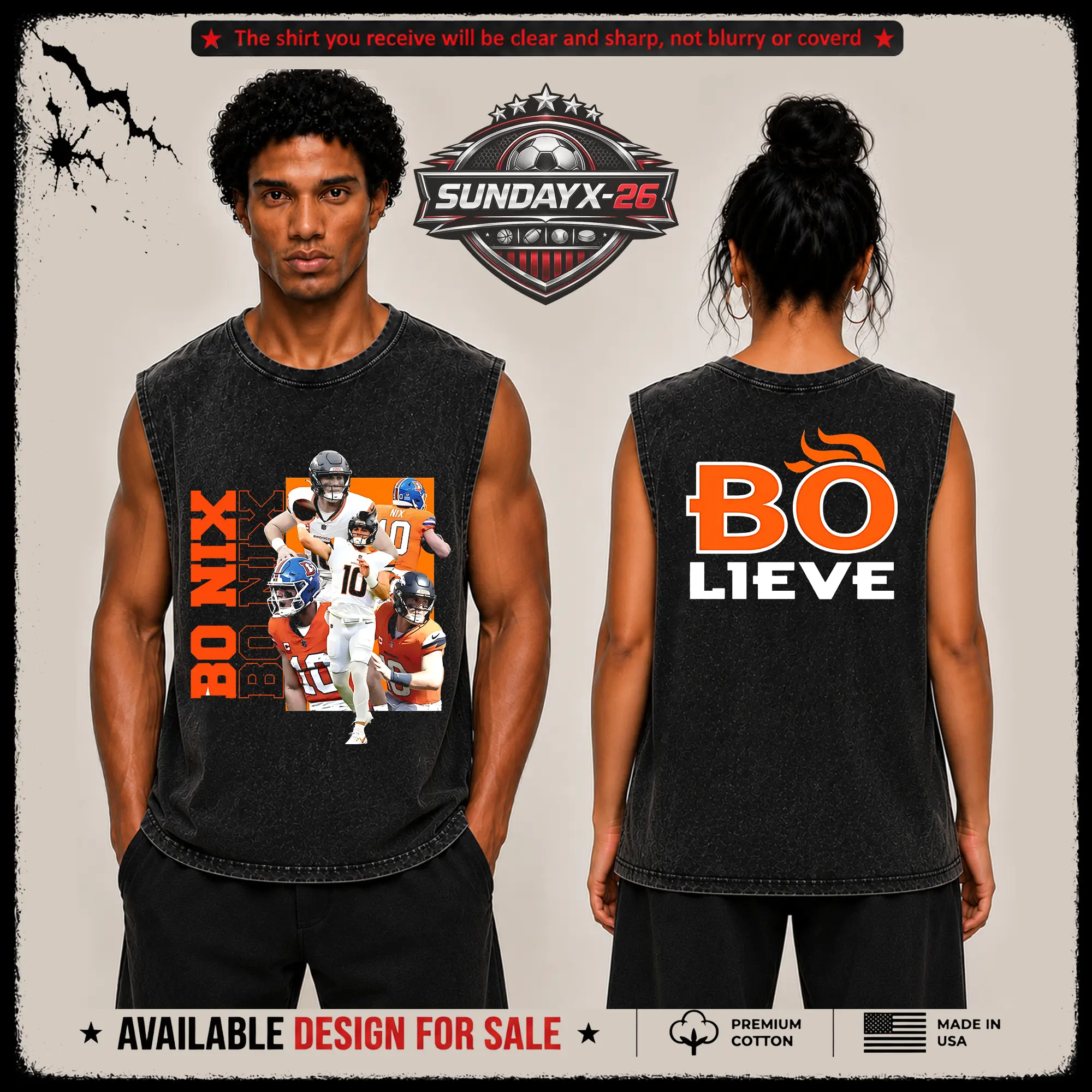 [X-26] Bo Nix 10 'Bolieve' Graphic Premium Acid Washed Tank-Top (Made in US), Broncos Football Fans Fits High Quality 100% Cotton Sleeveless Shirt, Broncos Country Outfit, Gift for Football Fans, Boyfriend