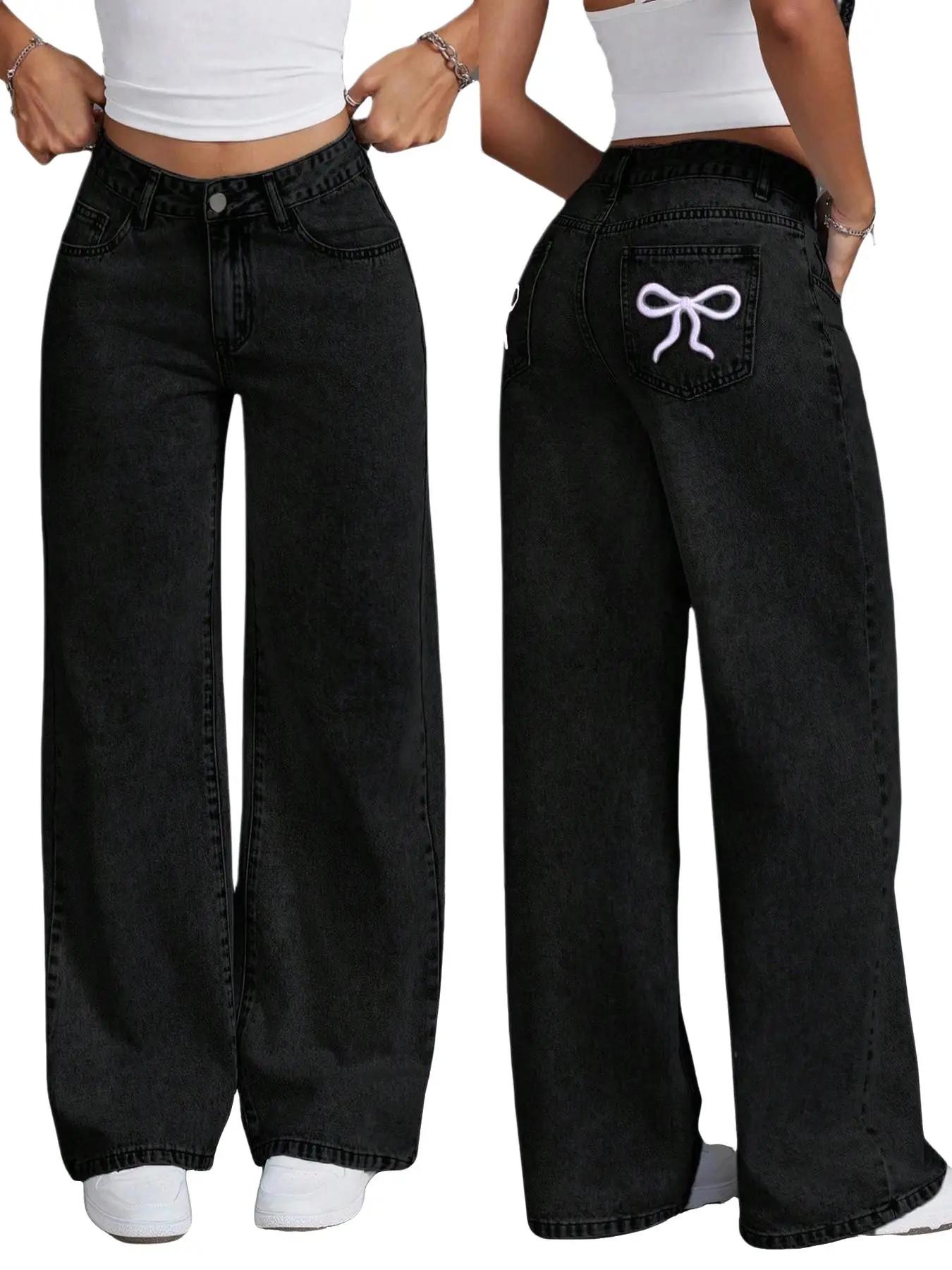 Girls High Waist Wide Leg Casual Fashion Trendy Jeans, Cute Bow Embroidery, Bow Decor Pants, Washed Denim Jeans for Teen Girls 13-16y, High Waisted Jeans, Y2K Streetwear Fashion
