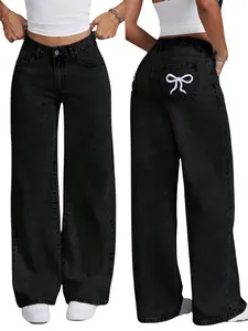Girls High Waist Wide Leg Jeans, Cute Bow Embroidery, Washed Denim Jeans for Teen Girls 13-16y, Y2K Streetwear Fashion