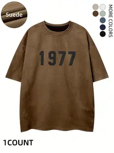 Men's Suede Regular Fit 1977 Print Short Sleeve Long Tee, Fitted Casual Comfy Crew Neck T-shirt for Summer, Fashion Men's Top for Daily Wear