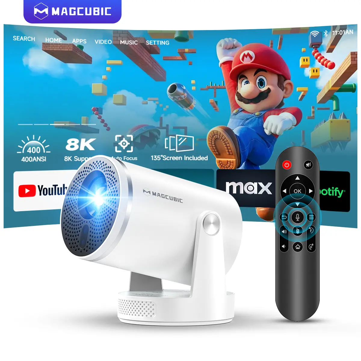 Magcubic HY320Pro Projector Auto Focus Native 1080P Google Assistant 8K Decode 400ANSI Android 14.0 Dual WiFi 6 Bluetooth 5.4 Auto Keystone Wireless 180° Flexible Rotating Portable Smart Home Cinema Movie Night Gift Projectors For Bedroom