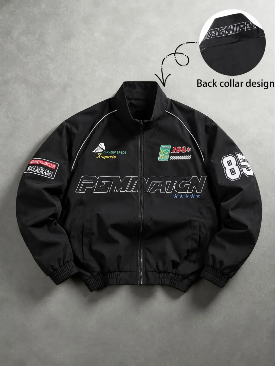 Men’s vintage racing jacket, embroidered letter graphic stand collar zip-up bomber, black motorsport streetwear coat, retro racing outerwear with pockets, casual Y2K fall fashion for men, street style