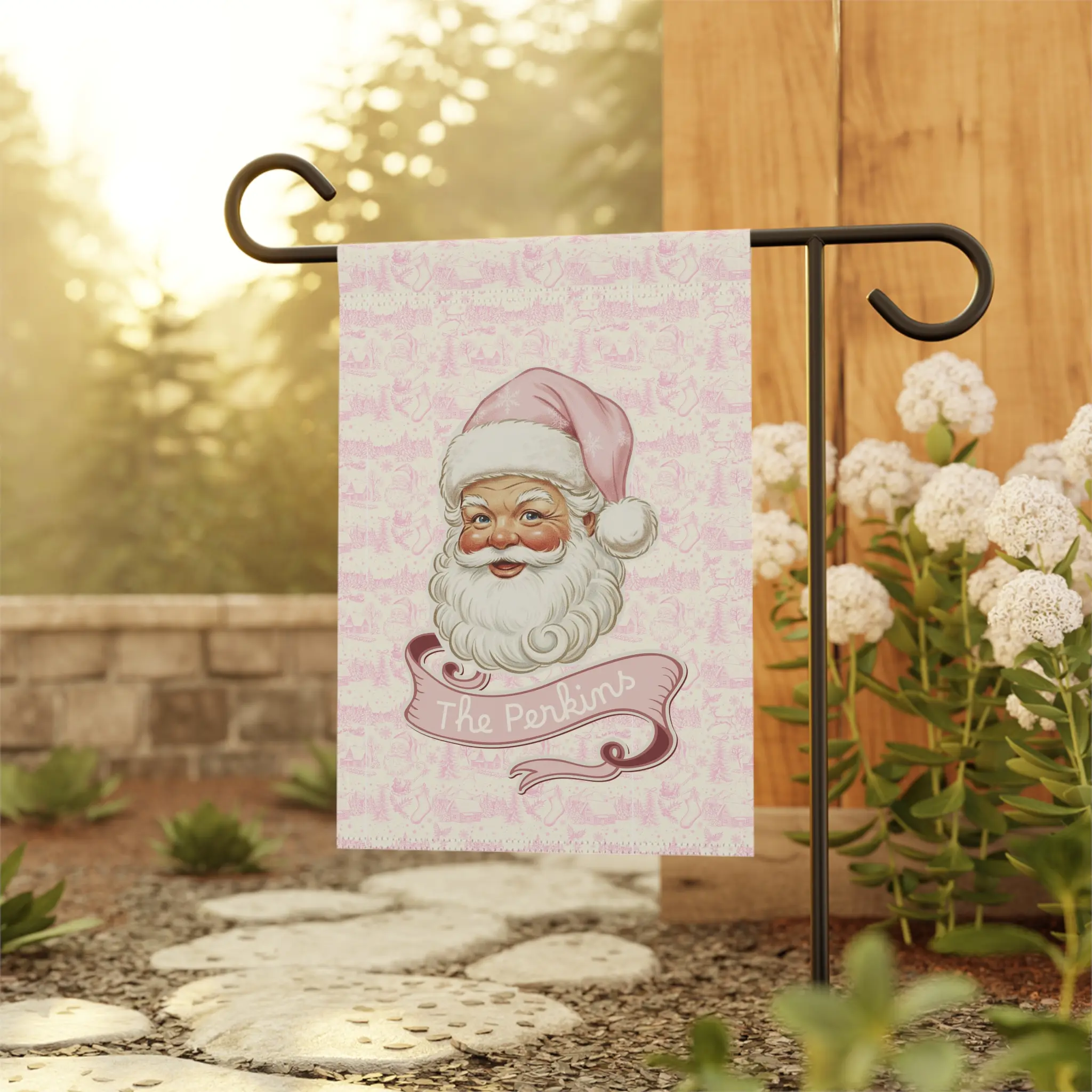 Personalizable Pink Santa Toile Garden Flag, Christmas Decor, Personalized Outdoor Flag, Festive Yard Sign, Seasonal Gardening coquette