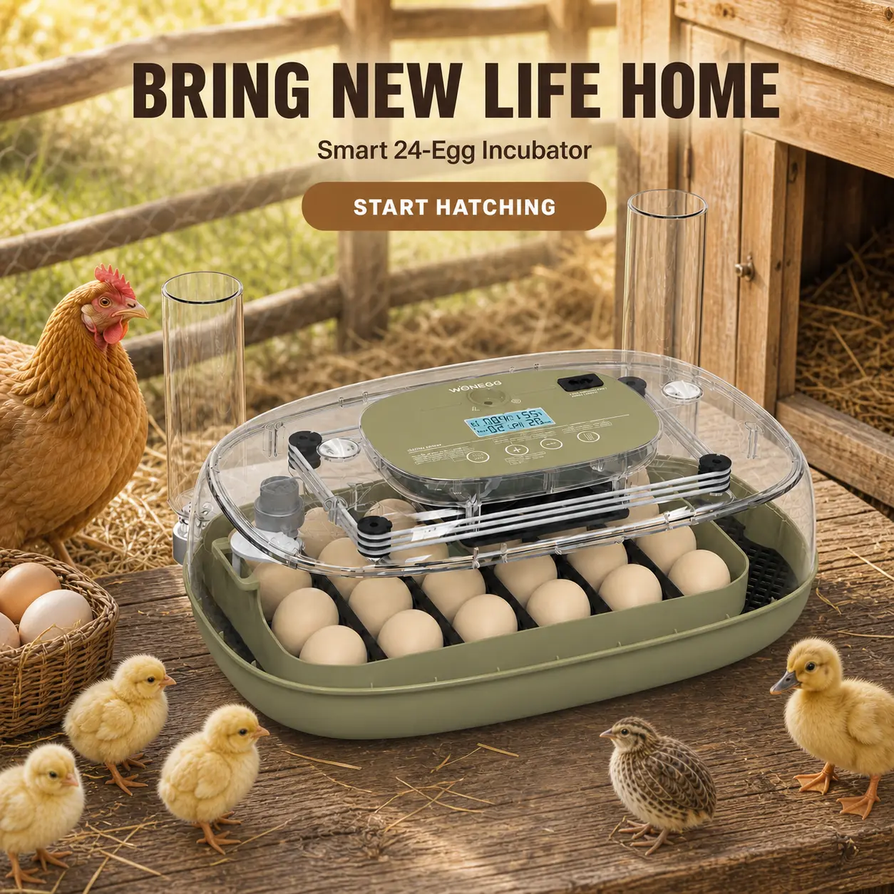 PAWSURD 24-Egg Incubator for Hatching Eggs with Automatic Turner, Digital Temperature and Humidity Display, Egg Candler for Chickens, Ducks and Quail