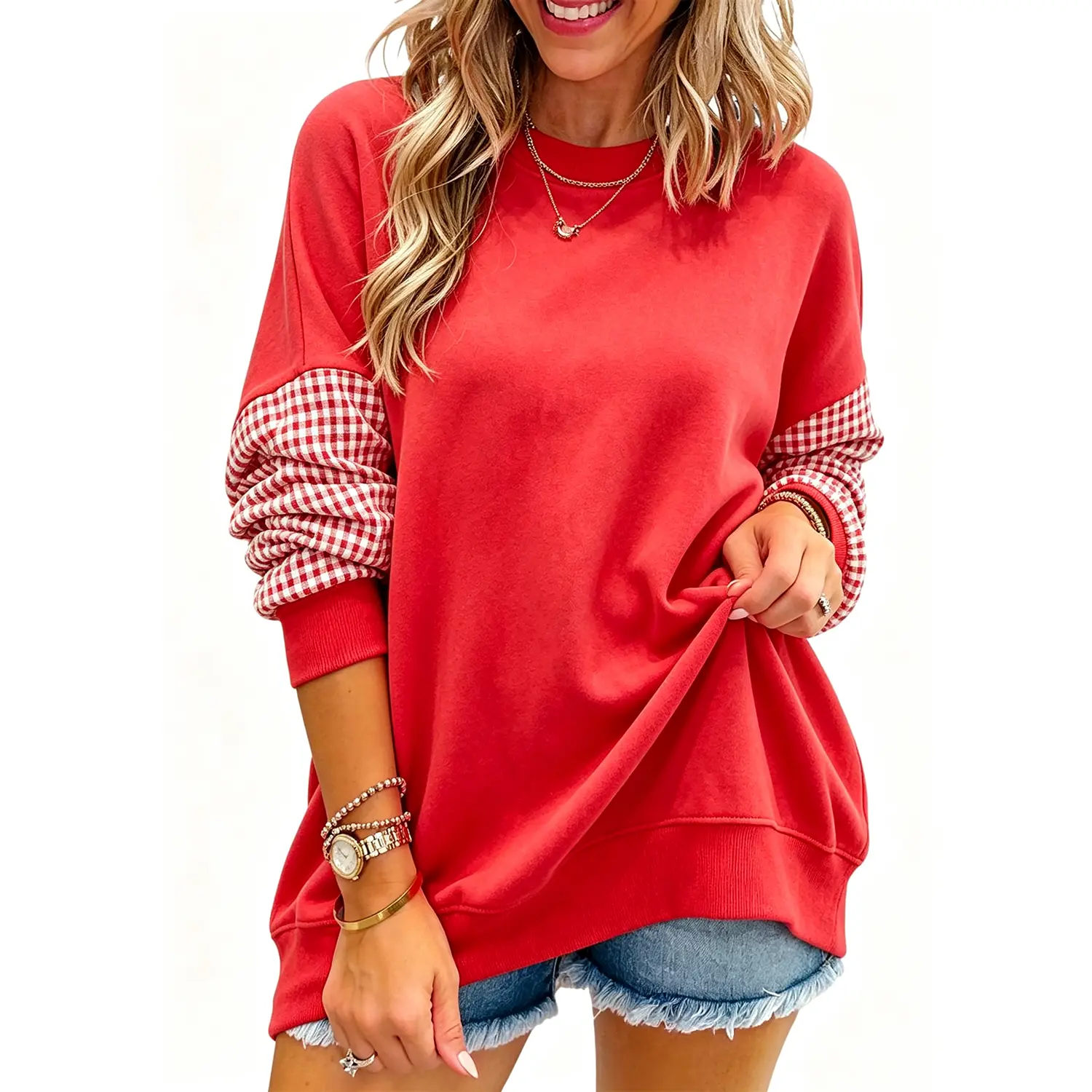 Women Oversized Crew Neck Sweatshirt Color Block Gingham Plaid Long Sleeve Pullover Casual Loose Daily Tops