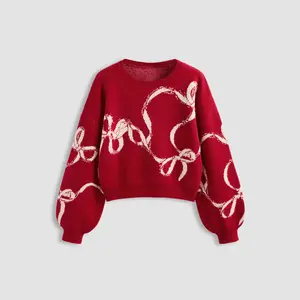 Cider [4 colors, size 0-26] Knitted Bowknot Graphic Oversized Sweater