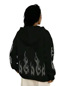 Womens Zip Up Hoodie Y2k Graphic Oversized Sweatshirt Long Sleeve Flame Rhinestone Print Loose Fit Fall Outfits - Womenswear, Casual