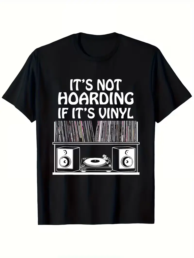 Men'S Fun Vinyl Record Enthusiast T-Shirt - "Not Hoarding, Just Collecting" Graphic Short-Sleeve Shirt - Soft And Breathable Casual Music-Themed Top, DJ Gift, Vintage Everyday Wear with Heat Transfer Print, Party Outfit