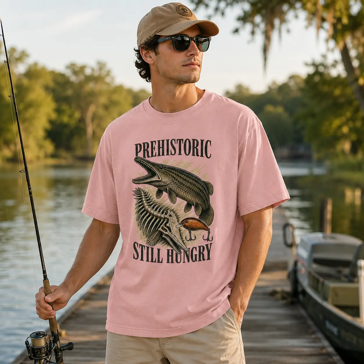 XTAUTO 220G Heavy Cotton Graphic Crew Neck Printed T-Shirt - Unisex, Short-Sleeve, Customizable Text, Front-Back Print, Vintage Pike Muskie Angler Top, Personalized Gift for Fisherman Dad, Lake Outdoor Casual, Breathable