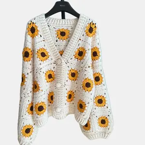 MIAO Women's Handknitted Sweater Cardigan Outfits 3D Hollow Sunflowers Crochet Design Cozy Fashion  Knitwear Knitting Tops Long Sleeve