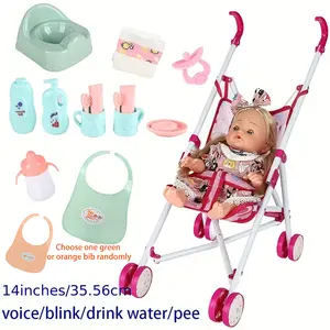 14" Baby Doll Care Gift Set with Stroller Lifelike Doll Voice Blink Drink Water Urine Posable Soft Toy for Imaginative Play Halloween Christmas Birthday Gifts