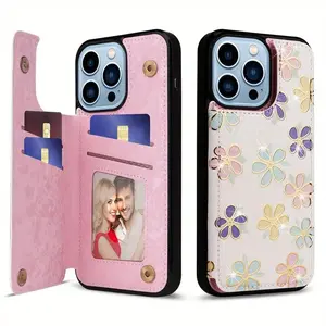 Floral Pattern Phone Case with Card Holder, PU Leather Multi Card Position Phone Case, Fashion Phone Protector Cover for iPhoneSuitable for iPhone 17 16 15 14 13 12 11Pro Max Plus Air
