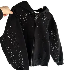 2026 Autumn Winter Starry Heavy Rhinestone Padded Shoulder Hooded Loose Jacket Tops Long Sleeve Casual Fitted Black Stretch Cotton with Pocket Geometric Print Fleece Hoodie Unisex Trendy for Daily Wear