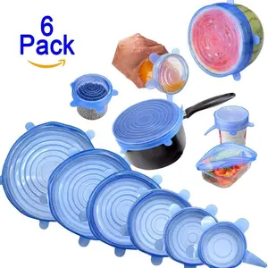 (Set of 6) Microwave Safe Silicone Stretch Lids reuseable Flexible Covers for Rectangle, Round, Square Bowls, Dishes, Plates, Cans, Jars, Glassware and Mugs