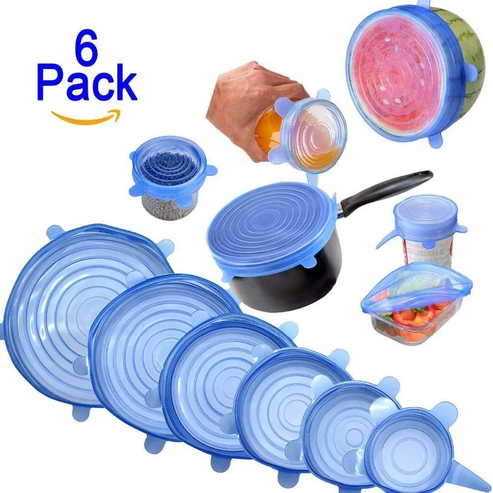 (Set of 6) Microwave Safe Silicone Stretch Lids reuseable Flexible Covers for Rectangle, Round, Square Bowls, Dishes, Plates, Cans, Jars, Glassware an