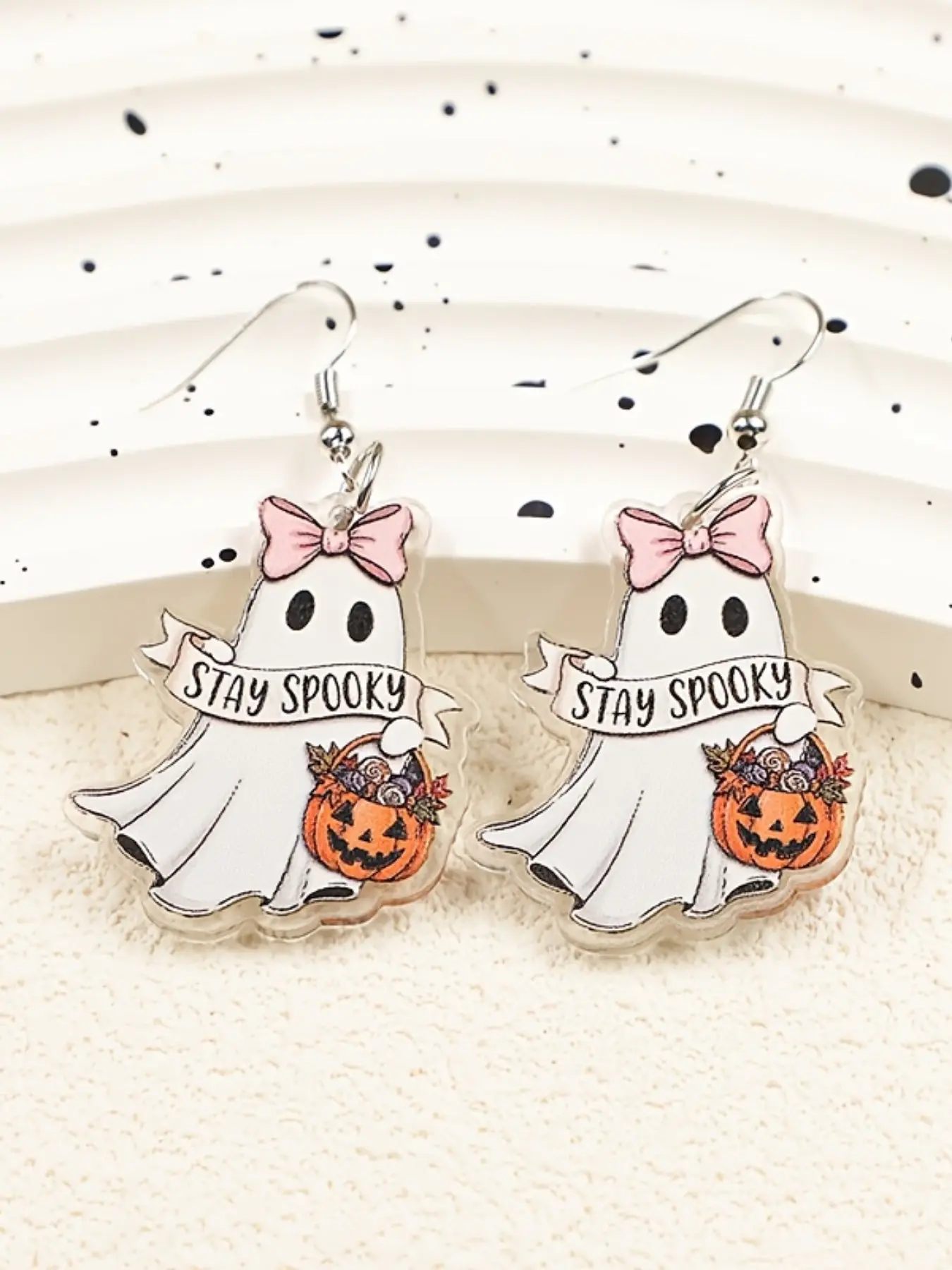 1/20 Pairs Women's Cute & Pumpkin Acrylic Dangle Earrings with Pink Bow & "Stay Spooky" Charm - Lightweight Halloween Party Jewelry for Weddings, Vacations, Year-Round Festive Accessories (White & Orange)