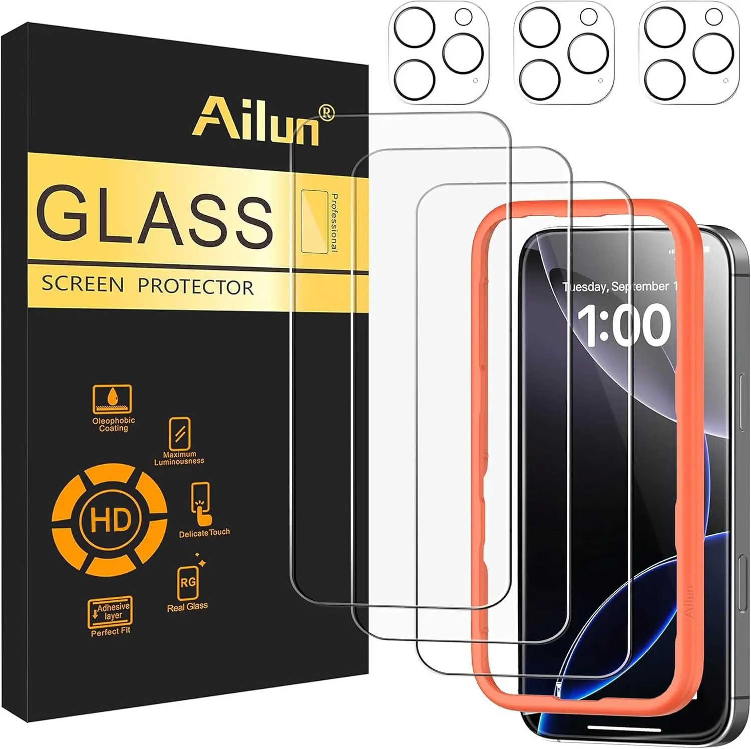 Ailun Screen Protector + Camera Lens Protector for iPhone 16 Pro Max | 3+3 Pack, 6.9 inch, Installation Frame, Case Friendly, Tempered Glass