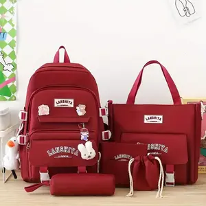 5pcs Solid Color Backpack Set, Large Capacity Double-Shoulder Bag, Simple Tote, Pencil Bag, Casual Crossbody, Lightweight Student Backpack Set, 3 Badges, and Rabbit Charm, Canvas Material, Position Print, Zip Closure, Hand Wash or Dry Cle