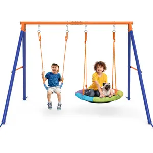 Bearbro Swing Set with 1 Saucer and 1 Belt Swing Seat, 440lbs Swing Set for Kids with Heavy Duty A-Frame Metal Swing Stand for Backyard and Playground