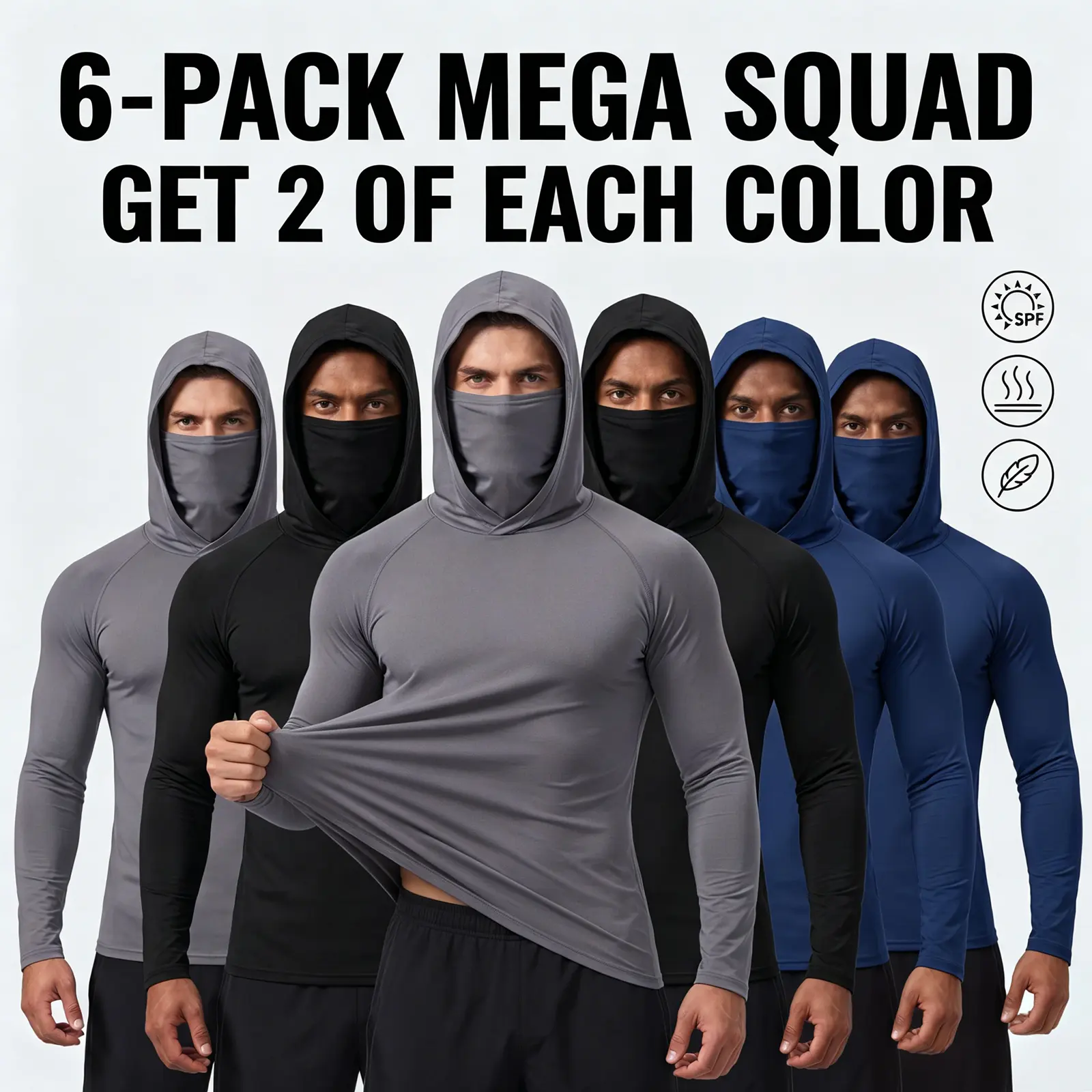 Men's 6/5/3-Pack Performance Hoodie Shirt with Built-in Face Mask - Moisture-Wicking Breathable Long Sleeve Sun Protection Athletic Gear for Gym, Running, Fishing & Outdoor Sports Fitted Sportswear Active Tops