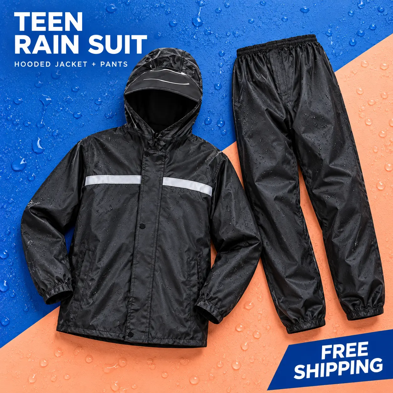 Women's 2-Piece Hooded Raincoat Set - Black Raincoat with Hood Brim, Rain Pants, Suitable for School, Outdoor Walks