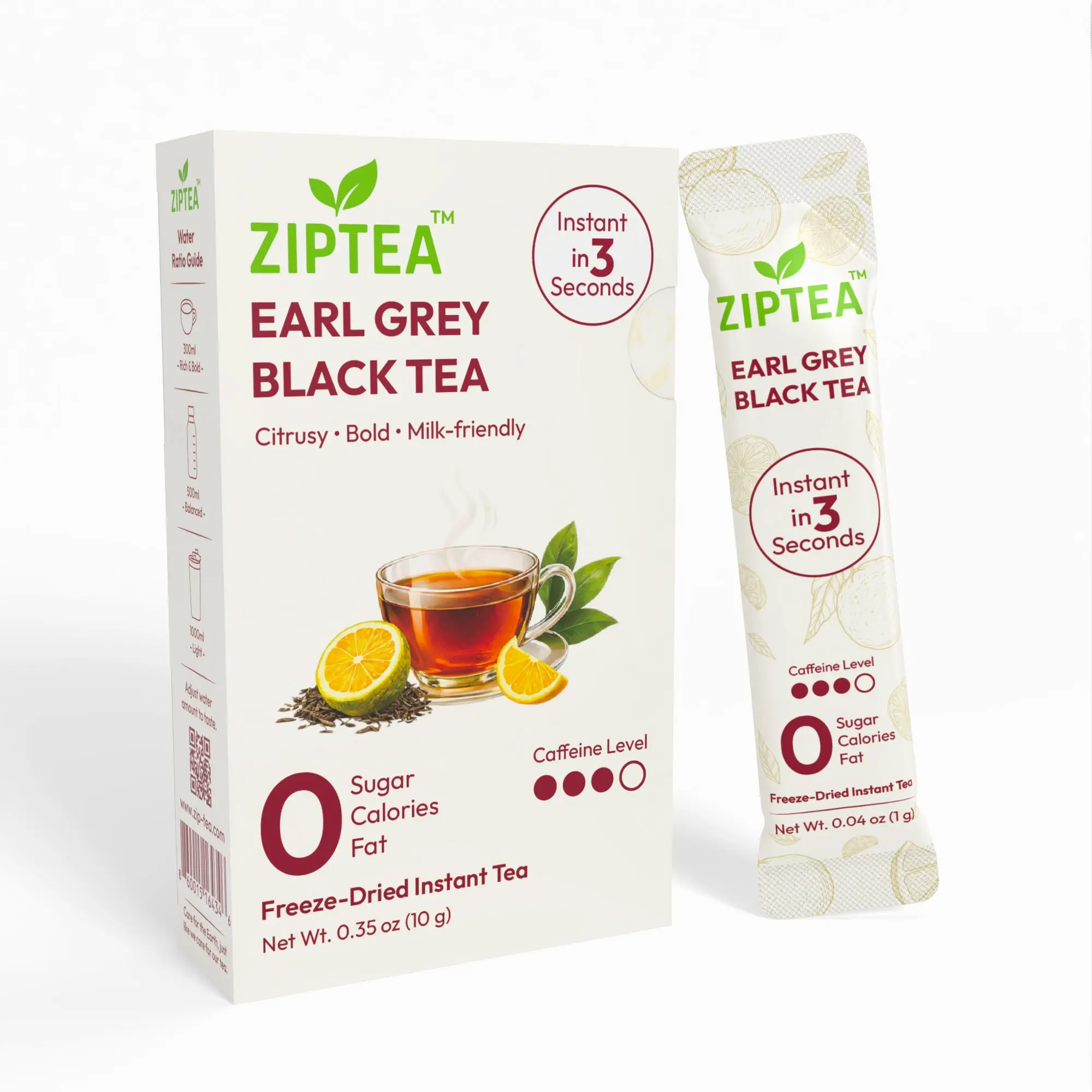 ZIPTEA Earl Grey Black Tea, Freeze-Dried Instant Tea, 0 Sugar, 10 Stick Packs for Hot or Cold Preparation