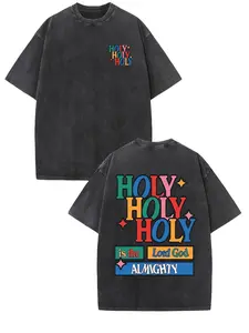 Men's Vintage Street Graphic T-Shirt - Holy Holy Holy Is The Lord God Almighty Double-Sided Print, 230g Washed Cotton, Drop Shoulder Relaxed Fit, Roun