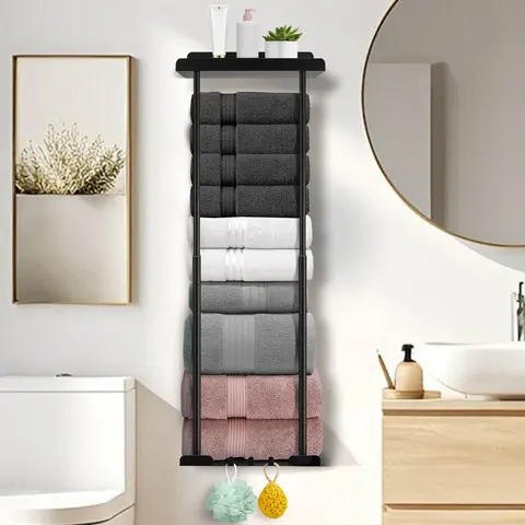 30 in Contemporary Black Metal Wall-Mounted Bathroom Retractable Towel Rack with Shelf - Restroom Accessories, Shelves for Storage, 5.5" Wall Clearance, 11.8"l x 6.5"w x 30"h, Holds 6 Large Towels, Ideal for Campers