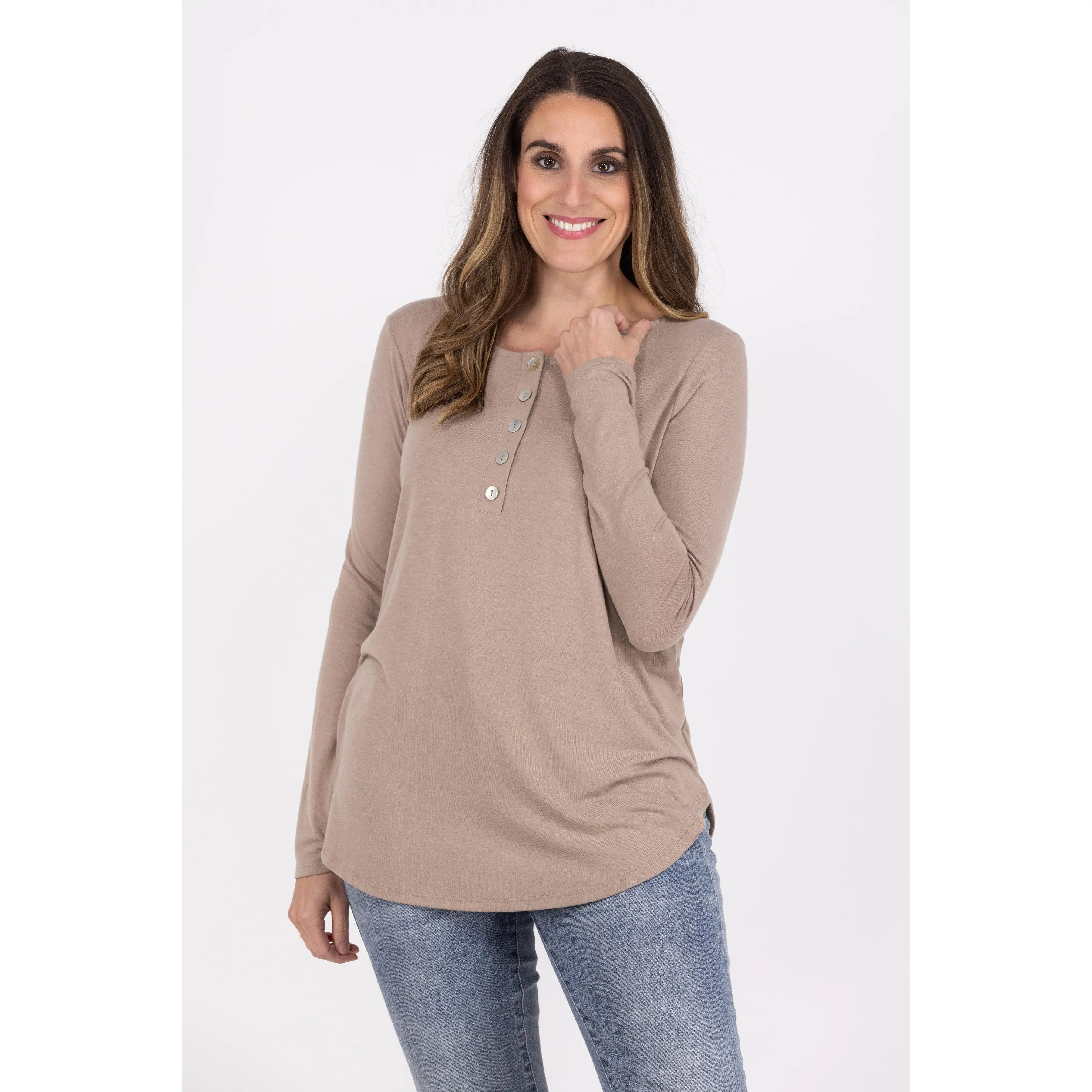 Women's Comfortable Spandex Basic Long Sleeve Button Blouse - Denim Shell Blouse with Shell Buttons, Polyester Blend, Rounded Neck, Casual Top for 2XL 18-20