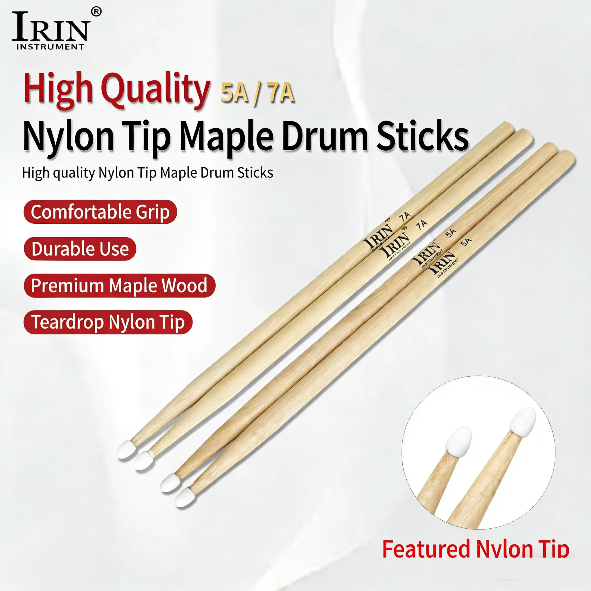 IRIN Maple Wood Drumsticks 5A/7A Wooden | Nylon Tip Universal Anti-Slip | Durable Sturdy Smooth Grip | Professional Percussion Sticks Jazz Drumsticks Instrument Accessories | For Drum Lovers Multi-Occasion Stage Show Band Practice Daily Use