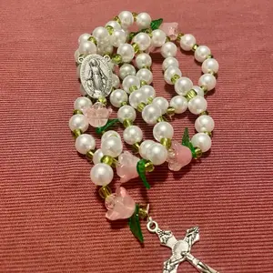 Pearl and Flower Rosary with Pink beads Pearl and Flower Rosary with Pink beads