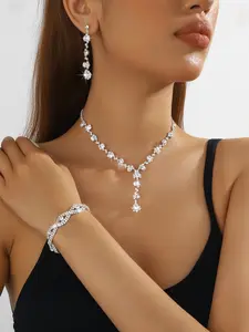 Fashionable Rhinestone Flower Claw Chain Necklace Earrings Bracelet Set, Wedding Party Jewelry, Sparkling Crystal Accessories