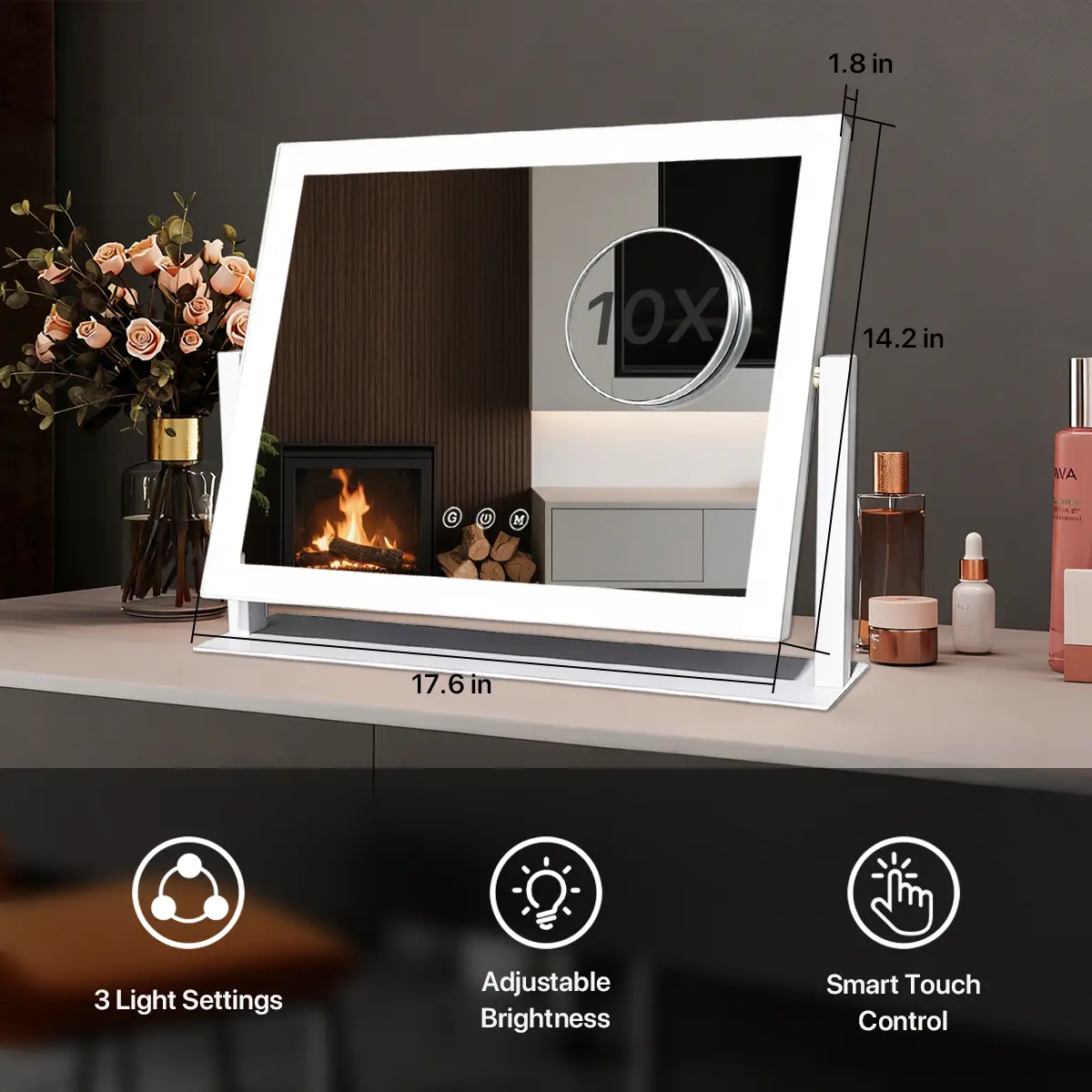 GLITGATE Vanity Mirror with Lights, LED Makeup Mirror with Dimmable 3 Color Modes, Touch Screen Control Vanity Based Mirror Desk Mirror Square White
