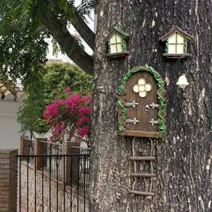 5.3-inch Glow-in-the-Dark Door and Window Set, Creative Fairy Garden for Tree Decoration, Yard Art Garden Sculpture Outdoor Decor Accessories with Cute Fairy Lanterns and Ladder