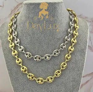 Stainless steel gold plated chain with coffee bean link, Chain Links Necklaces, Gold Chain Necklaces
