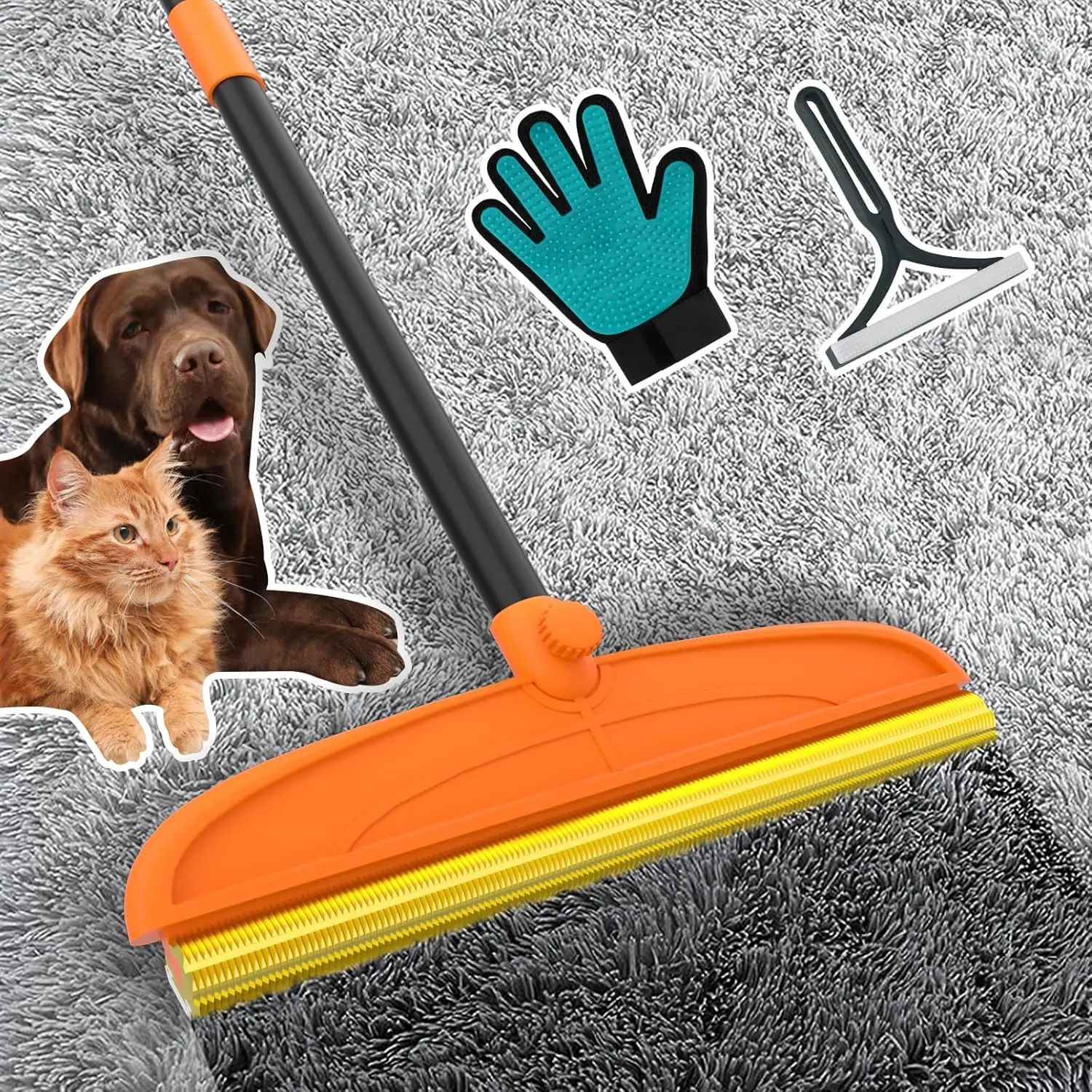 Carpet Rake for Pet Hair Removal, 5FT Reusable Pet Hair Removal Tool with Adjustable Handle, 3 in 1 Lint Remover Dog Cat  Remover Broom for Rugs, Mats, Beds, Stairs, Couch