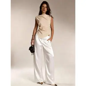 Women's Satin Silk Solid Color Pants With Pockets And Zipper, Suitable For Vacation, Office, Brunch, Airport Outfit, All Seasons White Spring