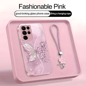 Suitable for [Galaxy S22 Ultra 5g] high-end phone case，a beautiful four-leaf clover lanyard is included,exquisite and dreamy butterfly pattern,a variety of colors are available for you to choose from YM99
