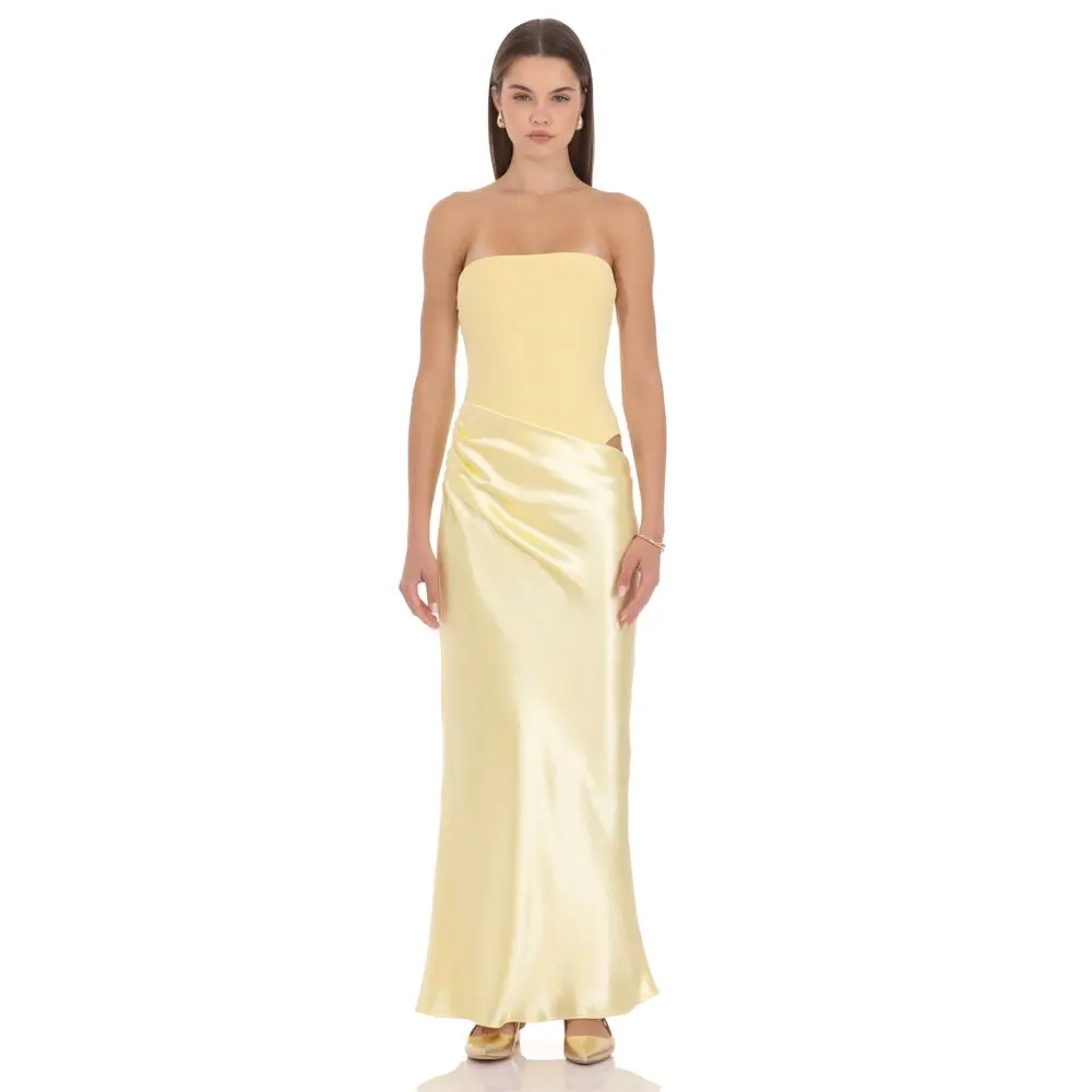 Strapless Draped Satin Maxi Dress in Butter Yellow