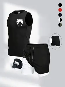 Men's Indoor Outdoor Sports Set, Tight Fit Quick Dry Vest Top + Multi-Pocket Double Layer Shorts, Gym Running Training Fitness Wear