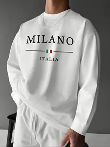 Men's Casual Sport Long Sleeve Shirt, Milan Print Pattern, Comfortable Round Neck, Suitable for Outdoor Gym Sports, Casual Activewear, Streetwear, Trendy Unisex Top