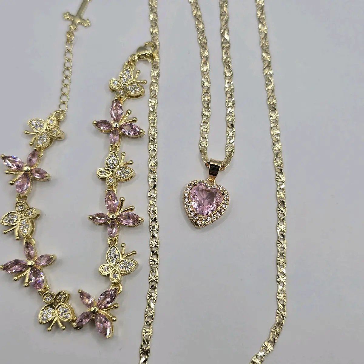 Fashion Set Necklace Heart with Butterflies Bracelet - Pink & Clear Stone's