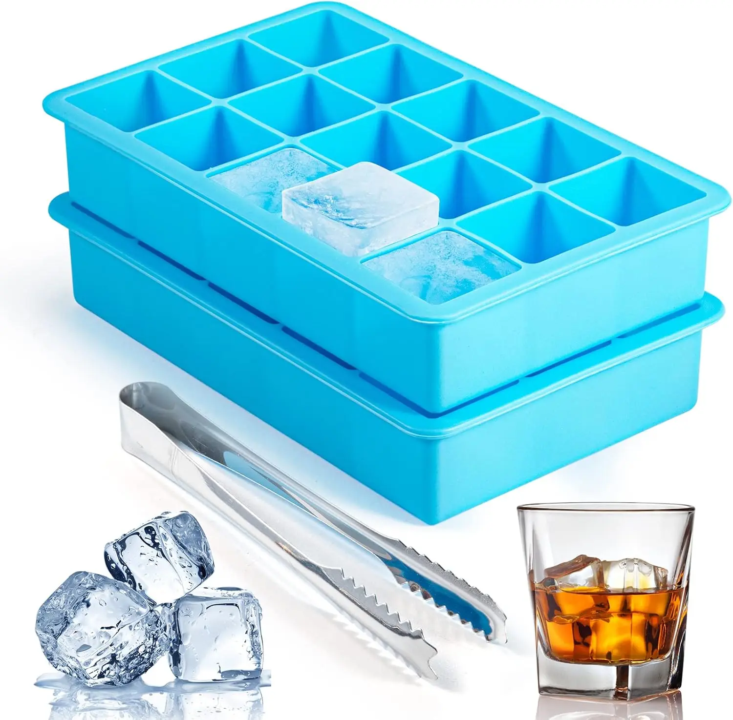 2 Pack Ice Cube Trays,   Easy Release Flexible Molds 15 Ice Cubes Tray for FreezerCocktailWhiskeyReusable &